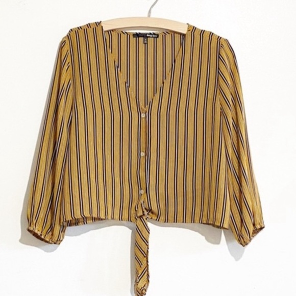 daisy may Tops - Daisy May mustard yellow and black vertical striped cropped front tie blouse